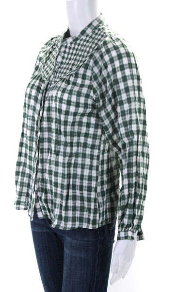 THESHIRT Womens Green Plaid Crew Neck Long Sleeve Button Down Shirt Size XS