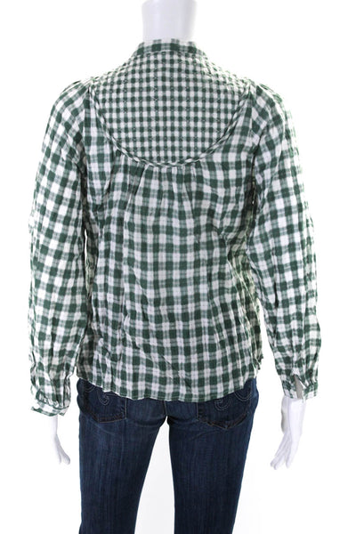 THESHIRT Womens Green Plaid Crew Neck Long Sleeve Button Down Shirt Size XS