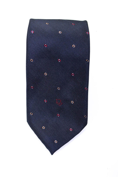 Christian Dior Vintage Mens Silk Blend Printed Classic Necktie Navy Blue