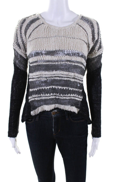 Helmut Lang Womens Silk Knit Striped Open Knit Sweater White Gray Black Size P