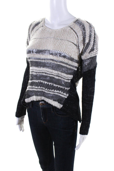 Helmut Lang Womens Silk Knit Striped Open Knit Sweater White Gray Black Size P