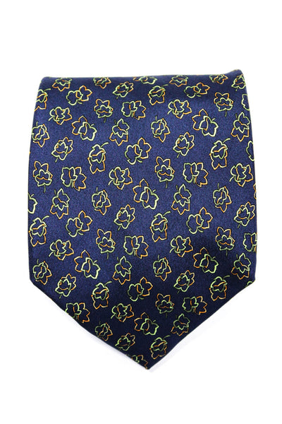 Salvatore Ferragamo Mens Classic Width Leaf Print Silk Tie Navy Blue Green