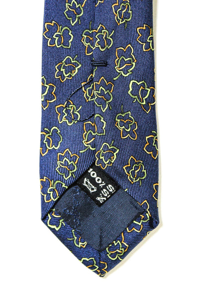 Salvatore Ferragamo Mens Classic Width Leaf Print Silk Tie Navy Blue Green