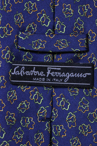 Salvatore Ferragamo Mens Classic Width Leaf Print Silk Tie Navy Blue Green