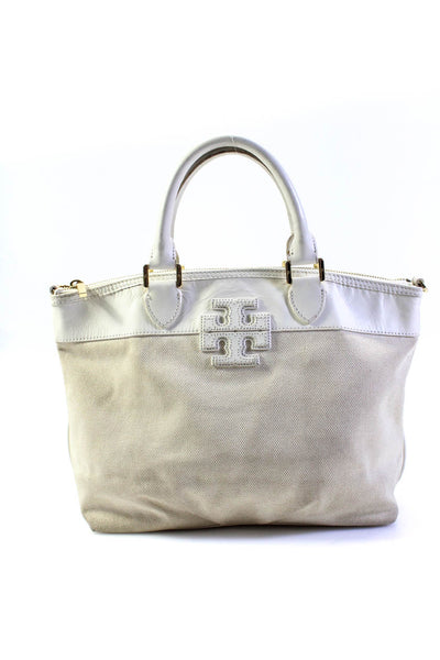 Tory Burch Womens White Cream Canvas Leather Trim Zip Medium Satchel Bag Handbag