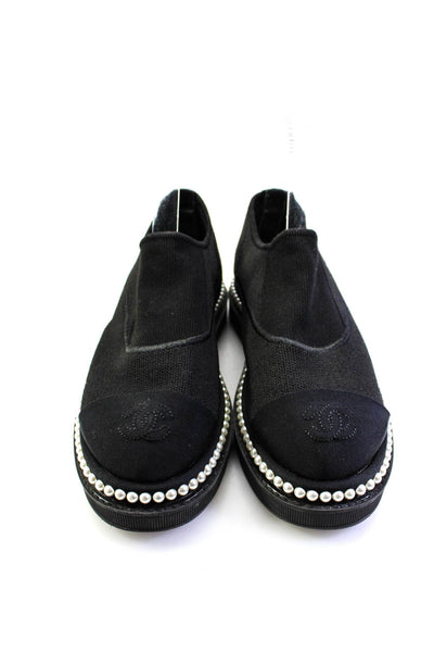 Chanel Womens Slip On CC Cap Toe Faux Pearl Knit Sneakers Black Size 36