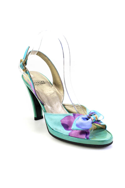 Charles Jourdan Paris Womens Block Heel Floral Slingback Sandals Blue Size 7.5