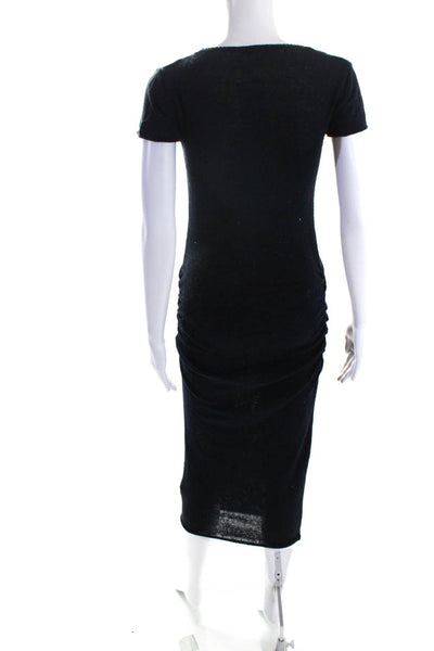 James Perse Womens Short Sleeve Silk Open Knit Ruched Dress Navy Blue Size 1