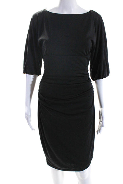 David Meister Womens Ruched Boat Neck 3/4 Sleeve Midi Sheath Dress Black Size 2