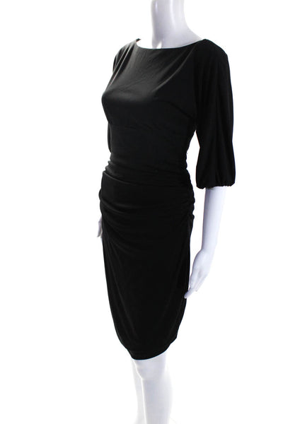 David Meister Womens Ruched Boat Neck 3/4 Sleeve Midi Sheath Dress Black Size 2