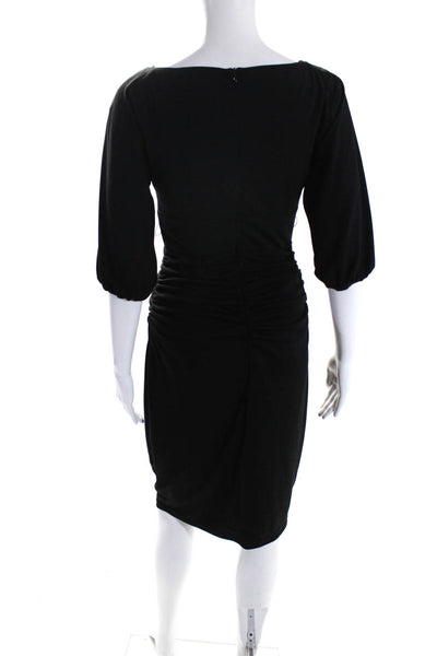 David Meister Womens Ruched Boat Neck 3/4 Sleeve Midi Sheath Dress Black Size 2