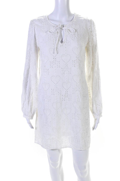 Johnny Was Jade Womens Eyelet Key Hole Neck Long Sleeves Dress White Size Small