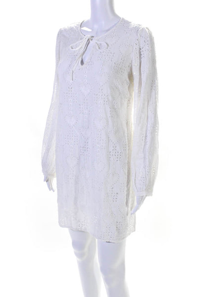 Johnny Was Jade Womens Eyelet Key Hole Neck Long Sleeves Dress White Size Small