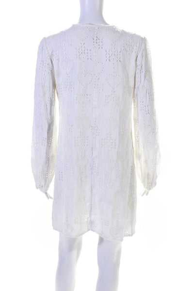 Johnny Was Jade Womens Eyelet Key Hole Neck Long Sleeves Dress White Size Small