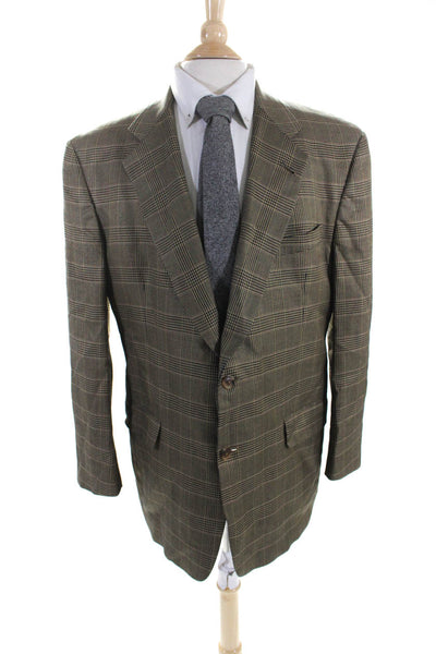 Hart Schaffner Marx Mens Brown Plaid Two Button Long Sleeve Blazer Size 44