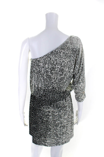 Tibi Womens One Shoulder 3/4 Sleeve Spotted Knit Shift Dress Black White Small