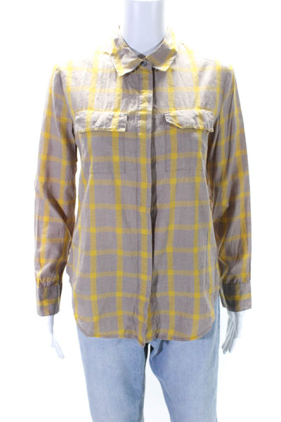 Broadway & Broome Womens Cotton Check Print Button Down Shirt Top Brown Size XS