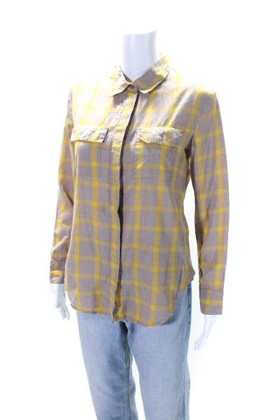 Broadway & Broome Womens Cotton Check Print Button Down Shirt Top Brown Size XS