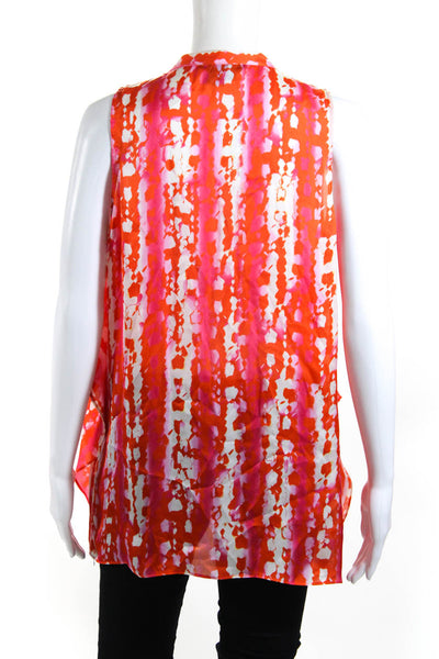 Etcetera Womens Button Front Silk Abstract Crew Neck Top White Red Size 12