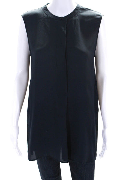 Vince Womens Crew Neck Button Up Sleeveless Top Blouse Navy Blue Silk Size Small