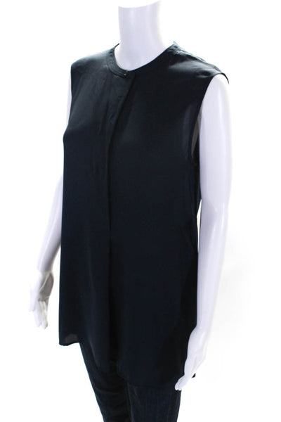 Vince Womens Crew Neck Button Up Sleeveless Top Blouse Navy Blue Silk Size Small