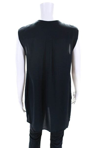 Vince Womens Crew Neck Button Up Sleeveless Top Blouse Navy Blue Silk Size Small