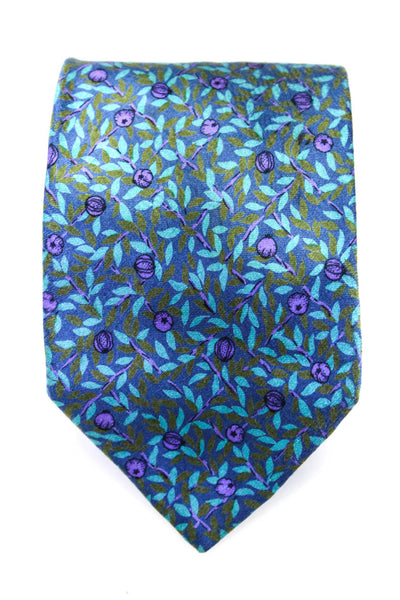 Bottega Veneta Mens Silk Floral Print Classic Length Necktie Blue Purple