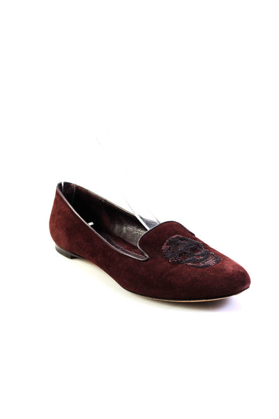 Alexander McQueen Womens Dark Red Suede Skull Print Loafer Shoes Size 6