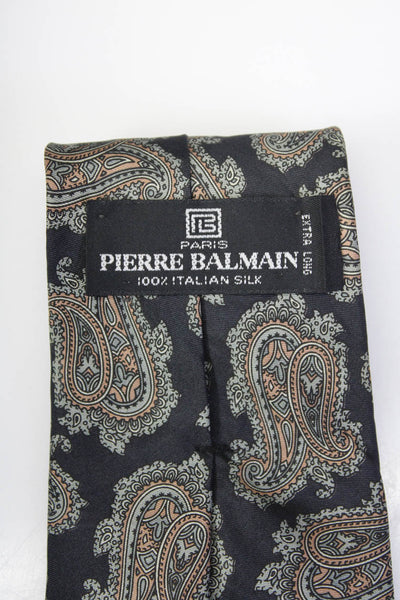 Pierre Balmain Mens Vintage Paisley Print Silk Tie Black Gray Beige