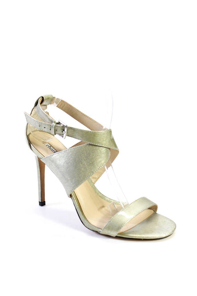 Charles David Womens Patent Leather Cross Strap Sandal Heels Gray Size 9