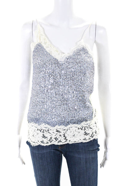 Pinko Womens Lace Trim Sequined Spaghetti Strap Tank Top Blue White Size 2