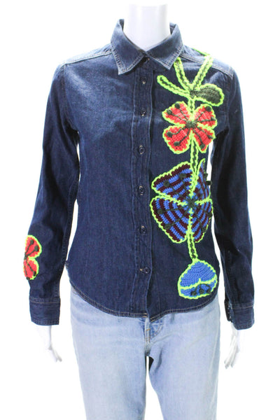 Michaela Buerger Womens Cotton Flower Crochet Button Down Shirt Blue Size XS