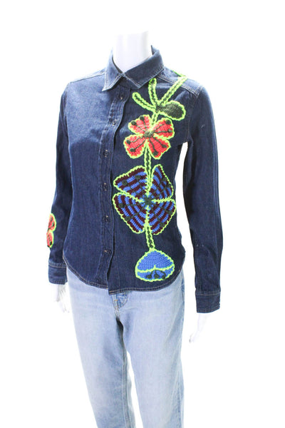 Michaela Buerger Womens Cotton Flower Crochet Button Down Shirt Blue Size XS