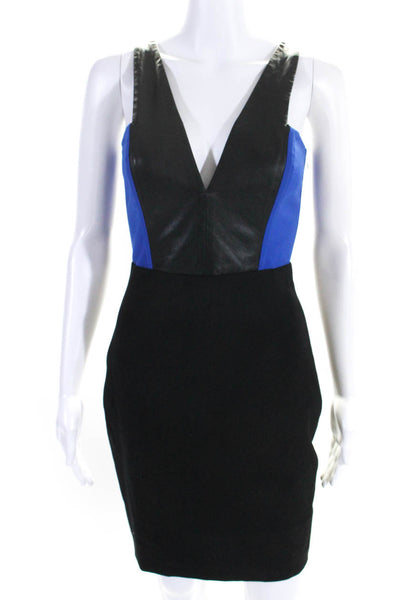 Mason Womens Color Block Leather V Neck Mini Sheath Dress Black Blue Size 0