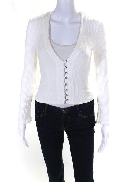 Reformation Womens Tight Knit Long Sleeve Button Down V-Neck Top White Size S