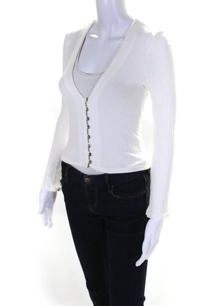 Reformation Womens Tight Knit Long Sleeve Button Down V-Neck Top White Size S