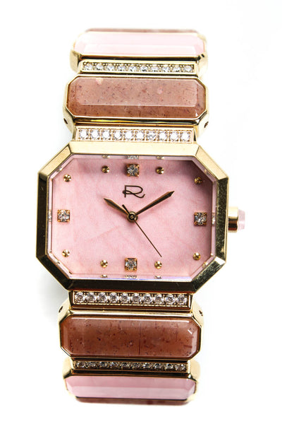 Rarities Gold Plated Stainless Steel Rose Quartz Pink Opal Open Bangle Watch