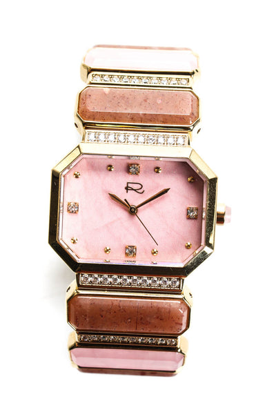 Rarities Gold Plated Stainless Steel Rose Quartz Pink Opal Open Bangle Watch