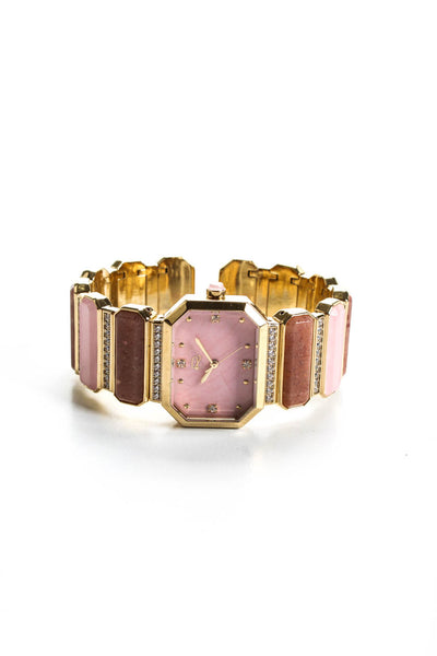 Rarities Gold Plated Stainless Steel Rose Quartz Pink Opal Open Bangle Watch