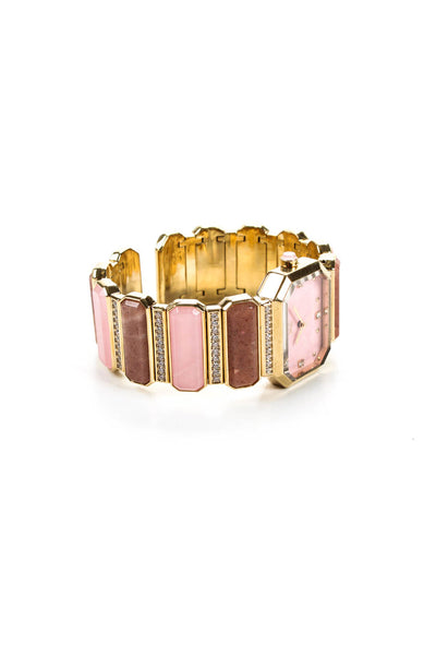Rarities Gold Plated Stainless Steel Rose Quartz Pink Opal Open Bangle Watch