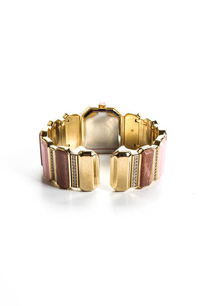 Rarities Gold Plated Stainless Steel Rose Quartz Pink Opal Open Bangle Watch
