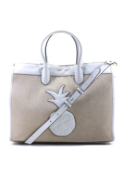 Jeff Wan Canvas Leather Trim Pineapple Patch Tote Shoulder Handbag Beige White