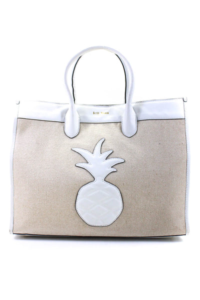 Jeff Wan Canvas Leather Trim Pineapple Patch Tote Shoulder Handbag Beige White