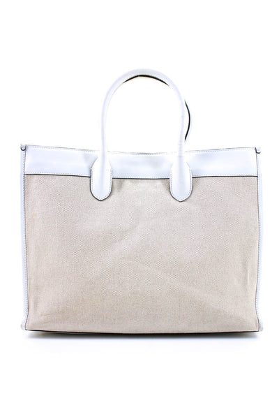 Jeff Wan Canvas Leather Trim Pineapple Patch Tote Shoulder Handbag Beige White