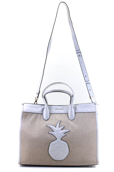 Jeff Wan Canvas Leather Trim Pineapple Patch Tote Shoulder Handbag Beige White