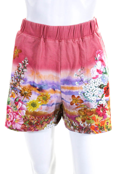 JW Los Angeles Womens Cotton Terry Floral Print Mid Rise Shorts Pink Size L