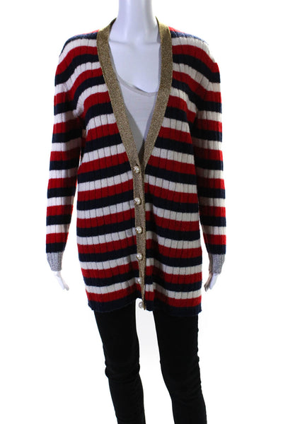 Gucci Womens GG Button Front Striped Cardigan Sweater Red White Blue Size Small