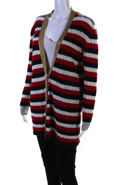 Gucci Womens GG Button Front Striped Cardigan Sweater Red White Blue Size Small