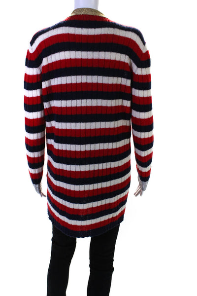 Gucci Womens GG Button Front Striped Cardigan Sweater Red White Blue Size Small