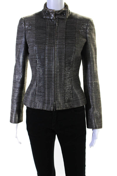 Versace Womens Front Zip Mock Neck Metallic Knit Jacket Gray Cotton Size IT 40